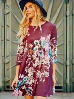 Bellamie Purple Floral Border Print Dress Long Sleeve Swing Boho Tunic M